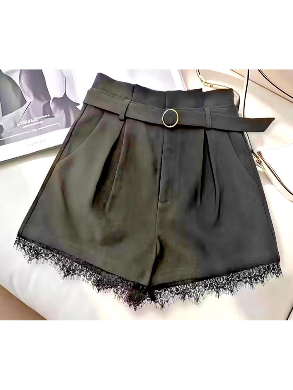 New Lace Trim Black Shorts w/ Belt Size Large Belted Pixie Casual Work Sexy